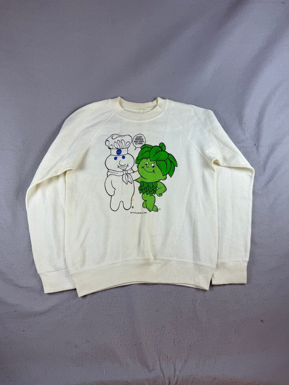 Vintage 80s Pillsbury Sweatshirt Adult S White Raglan Crew Doughboy Sprout Retro